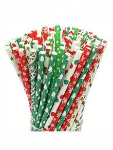 100 قطعة من القش الورقي القابل للتخلص منه بموضوع عيد الميلاد، بطول 7.75 بوصة - للحفلات الاحتفالية وديكور المنزل، للمشروبات