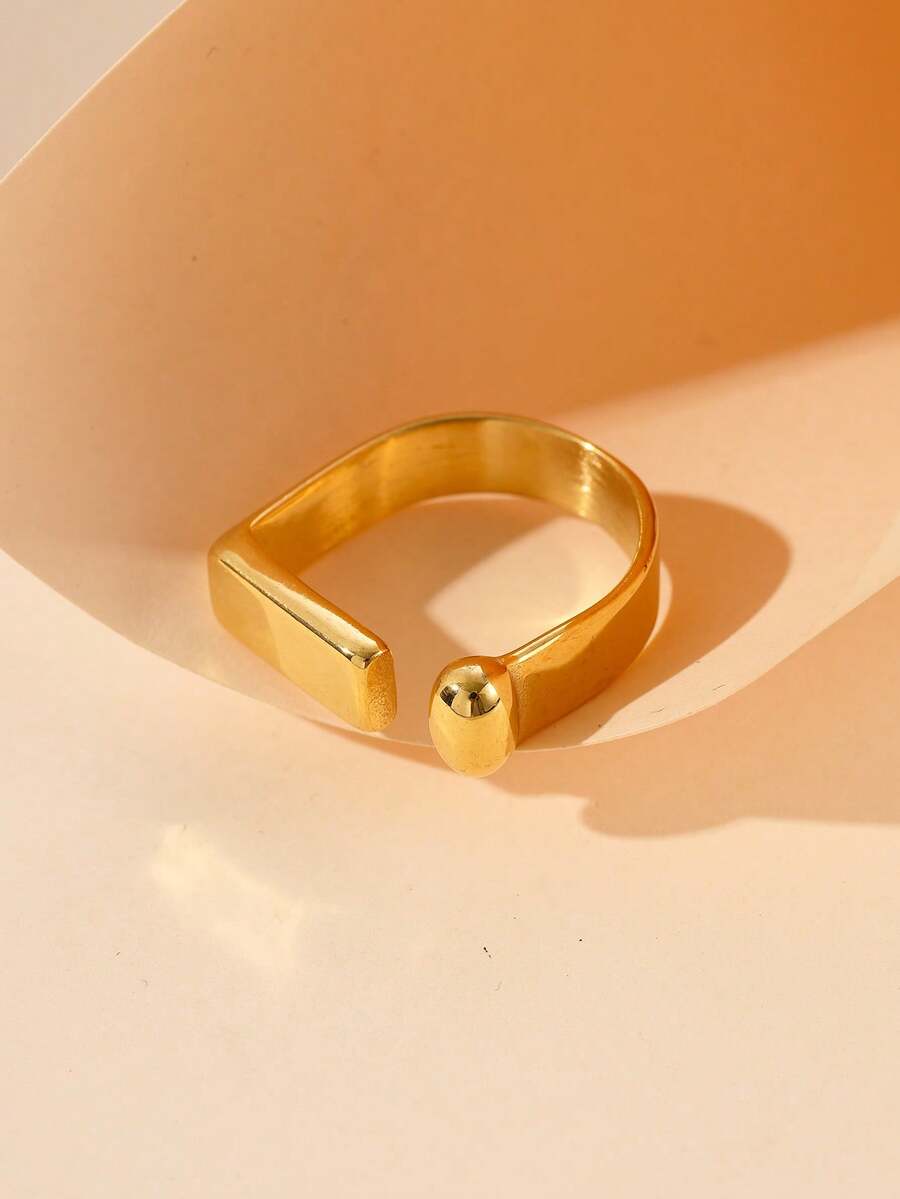 Mazuer 1pc 18K Gold Plated Stainless Steel Vintage Design Rectangular Open Ring, Gift For Women, Y2K Western Jewelry, Suitable For Celebrations, Parties, Daily Wear, Vacation - Gold - View 1