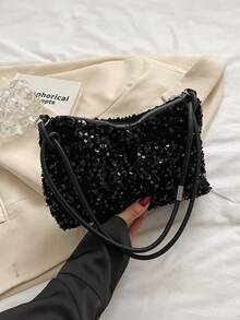 1pc Black Sequin Smooth Zipper Fashion Versatile Casual Solid Color New Autumn/Winter Unique Shoulder Bag, Suitable For Women's Daily Use - Black - View 4