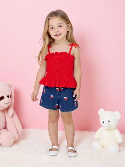 Summer Stylish Young Girls Denim Set, Red 3D Bow Camisole Top + Embroidery Cherry Denim Shorts, Suitable For Casual Daily Wear