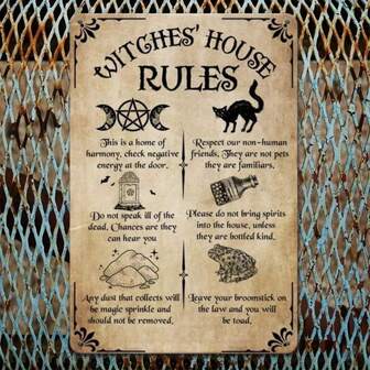 2D-platttryck, charmig vintage "This Is The Witch's House Rules" rolig rektangulär heminredningsskylt - 8x12 tum metallväggkonst, lämplig för hem, kök, matsal, café, bar, garagedekor eller inflyttningspresent, Halloweendekor, högtidspresent, estetisk heminredning, kollegial rumsinredning, rustik charm, handgjord look, hållbar metall, dekorativ plakett, 2D-platt, perfekt för rumsinredning, förborrade hål, slumpmässig hålstil