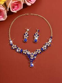 2pcs Luxury Rhinestone Jewelry Set, Including Necklace And Earrings, Blue And Red Colors - 1731 Royal Blue Suit - View 3