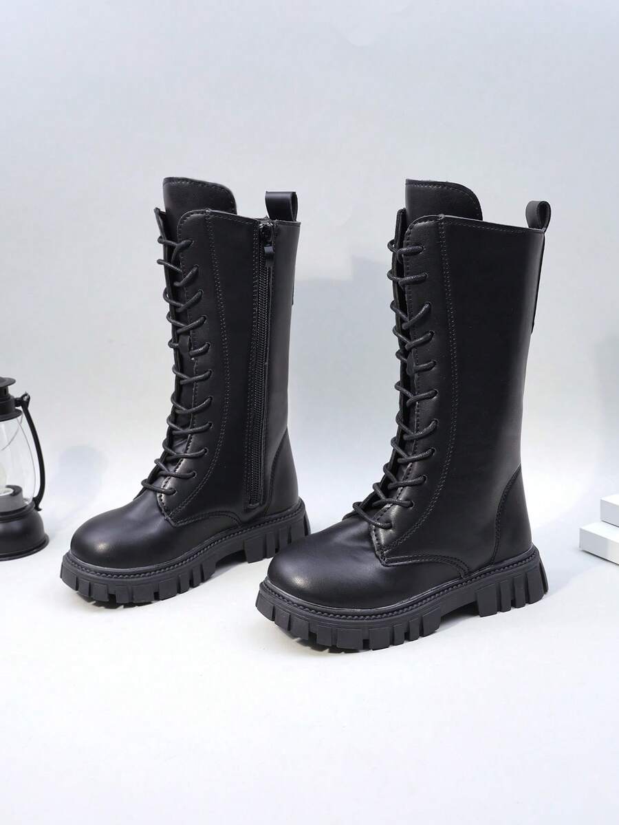 女童秋冬靴子，新款儿童高帮靴，英伦风中筒靴，厚底靴，公主皮靴，学生鞋，小女孩高筒靴 - 黑色 - 查看 1