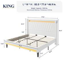 Allewie Upholstered Full/Queen/King Platform Bed Frame With LED Light And Charging Station, Button Tufted High Headboard, Wingback Design, Noise Free, Easy Assembly, No Box Spring Needed, White - Xem 11