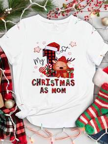 Camiseta festiva de primera Navidad de mamá con estampado de renos y regalos - Camiseta casual de cuello redondo de manga corta con diseño de bloques de color, mezcla de poliéster y spandex, suéter tejido para celebraciones navideñas - Blanco - Ver 3