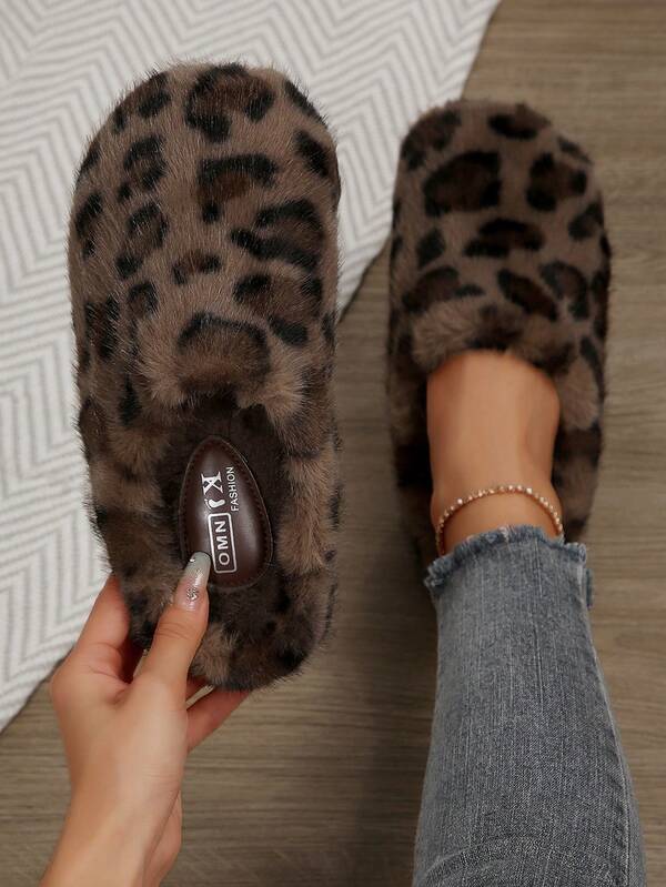 Herbst/Winter Neue Leoprint Plüsch Gefütterte Warme Hausschuhe, rutschfeste flache Innen-/Außennutzung