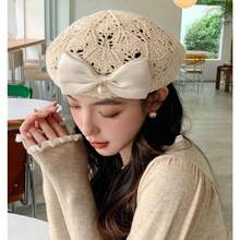 Women Beret Hat  Bow Pearl Woven Beret Summer Hollow Out Hat Slouchy Crochet French Artist Cap Floral Beanie Hat