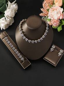 4 件套女士珠宝套装，含珍珠水钻项链、耳环、手链、新娘婚礼配饰