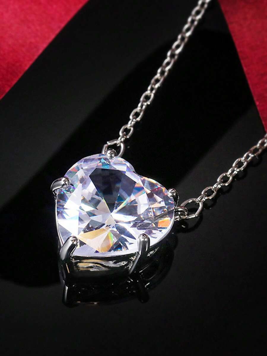 1pc Elegant Heart-Shaped Cubic Zirconia Necklace For Women, Stainless Steel Chain, Perfect For Daily Wear, Weddings, Parties, Valentine'S Day & Christmas Gift