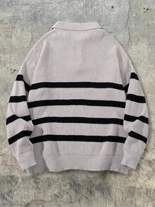 GRKC Men's New Spring Autumn Winter Street Style American Personalized Striped Long Sleeve V-Neck Sweater, Casual Versatile Loose Fit Pullover Knit Top - Grey - View 7