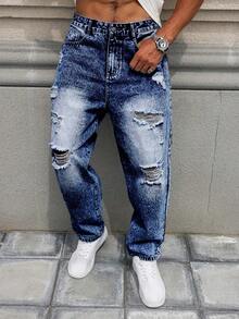 Roughcore Men's Loose Fit Distressed Washed Denim Jeans - Dark Wash - View 7