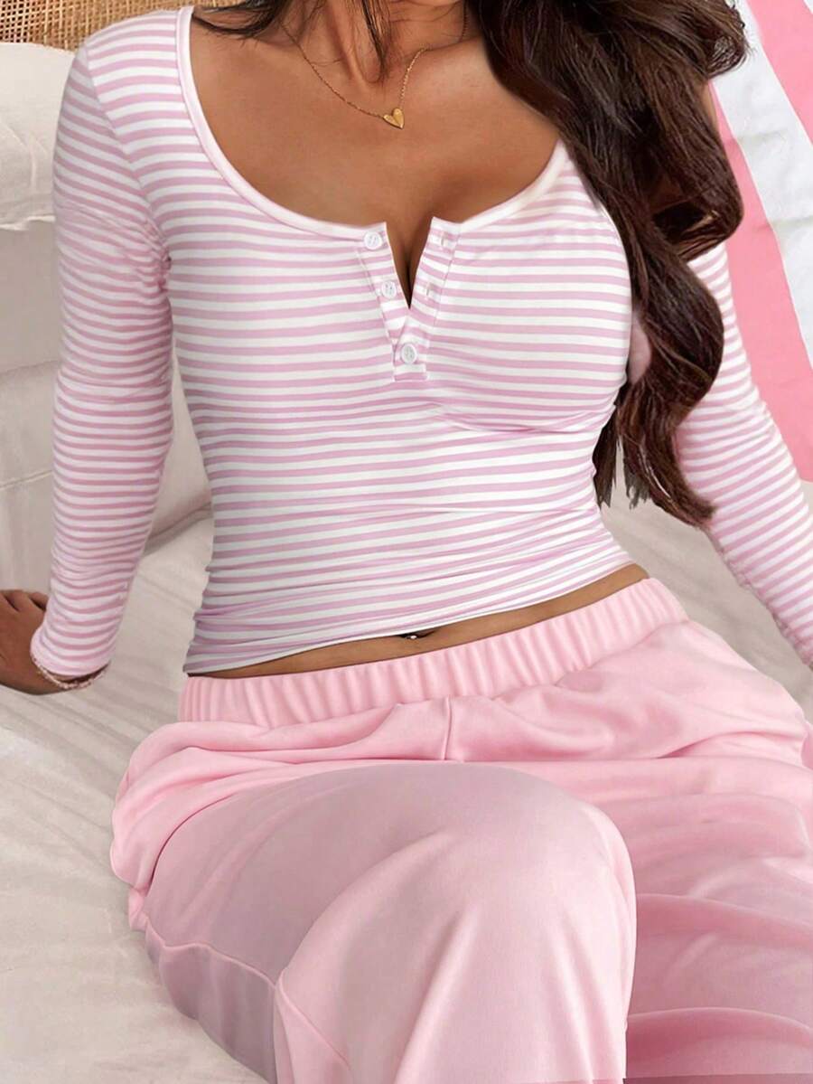 Áo thun dài tay cổ tròn kẻ sọc thời trang tối giản VIVINA dành cho nữ, thích hợp cho các hoạt động ngoài trời, mặc ngủ, dự tiệc, ngày Valentine, tụ họp tại nhà/trong nhà, trang phục mùa hè màu hồng. - Hồng - Xem 1