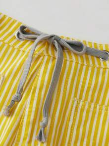 Women Striped Pants, Elastic Waist Drawstring Patchwork Wide Leg Pants Loose Trousers with Pockets - Amarillo - Ver 8