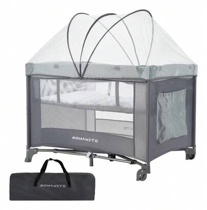 Cuna viajera corral Monanito 2 en 1 bebé plegable con mosquitera color gris oscuro, tela poliéster diseño moderno práctico