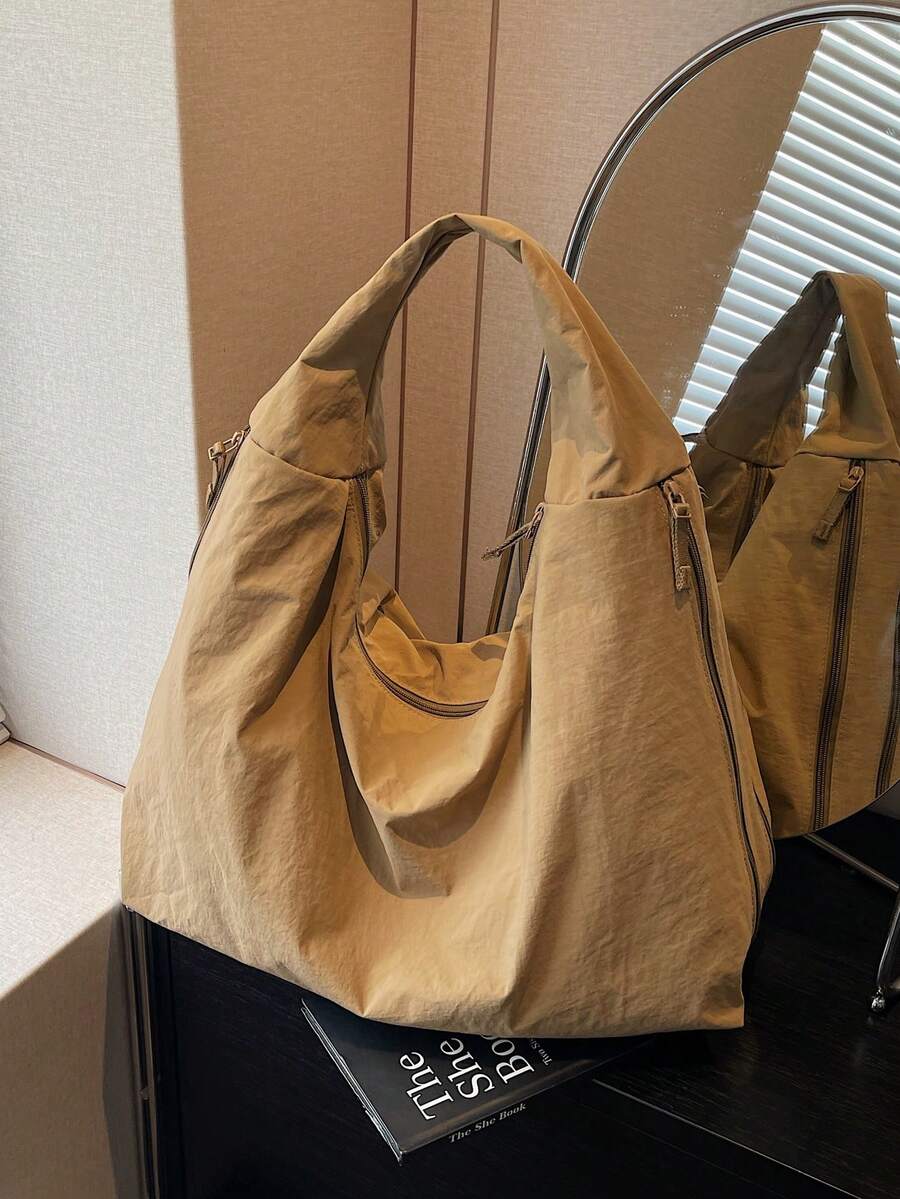 2025 New Khaki Nylon Fabric Bag, Large Capacity Solid Color Shoulder Bag, Casual Japanese Style Tote Bag, Versatile College Student Schoolbag, Minimalist Fashion Handbag, Short Trip Travel Bag, Double Zipper Side Pockets, Crescent-Shaped Bag - Màu Khaki - Xem 1
