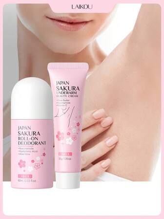  2 件淡化黑斑 LAIKOU 樱花腋下霜 30g + 樱花滚珠止汗露 60ml 保湿亮白身体乳 滋养身体乳 女士和女孩适用 美白霜 旅行护肤品