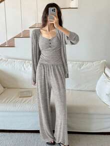 3pcs Soft Knit Fabric Coat, Camisole Top & Pants Homewear Lounge Set, Fall Clothes, Cozy Outfit