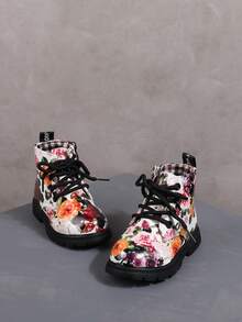 Girls' Floral Print Shiny Patent Leather Lace-Up Short Ankle Boots, Non-Slip Toddler Walking Shoes - White - View 5