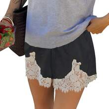 Boho Women's Lace Trim Satin Silk Shorts Shiny Elastic Waist Mini Shorts Pettipants Half Slip Shorts French Knickers Boyshorts For Dresses Full Coverage Underwear Lounge Pants - 黑色 - 查看 8