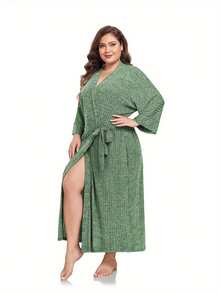 Women's Long Knit Robe Plus Size Soft Bathrobe Lightweight Kimono Robes Loungewear With Pockets - 綠色 - 查看 5