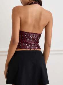 Camiseta de tirantes con lentejuelas para mujer, de unicolor, ajustada, con cuello en V profundo y espalda descubierta, sin mangas - Burdeos - Ver 2