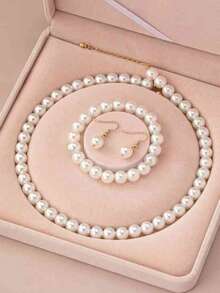 1 Set Elegant Faux Pearl Necklace, Bracelet, Ring, Earrings Jewelry Set For Women