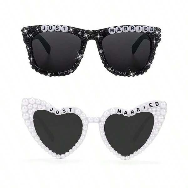 1pc/2pcs/Set JUST MARRIED Cool And Beautiful Black Diamond Square, White Pearl Newlywed Groom New Grain Letter Groom Wedding Decoration Glasses, Suitable For Wedding Decoration, Wedding Travel, Wedding Gifts, Photo Props, Holiday Party Decoration