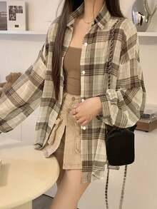 2025夏季新款格子衬衫女休闲宽松上衣上衣 - 卡其色 - 查看 7