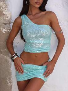 Women's Sequin Tassel Two-Piece Outfit Hlter Sleeveless V-Neck Crop Top Low Rise Mini Skirt For Party - Blue - View 4