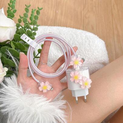 Bộ 5 miếng bảo vệ cáp sạc họa tiết hoa anh đào phiên bản EU 20W tương thích với iPhone 11 12 13 14 15 16 17 Pro Max