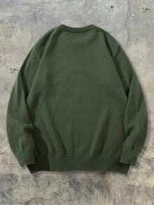 Suéter masculino ANDREILEE, estilo coreano vintage, minimalista e folgado, com estampa de letras em cores sólidas. Ideal para o trabalho no outono e inverno. - Verde - Ver 3