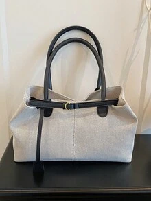 1 pieza Bolso de lona de gran capacidad con parches y decoración de correa negra para mujeres - Negro - Ver 3