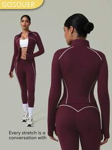 Women'S Contrast Piping Front Twisted Design High-Waist Squat-Proof Running Yoga Sports Leggings Tights - Red Violet - View 4