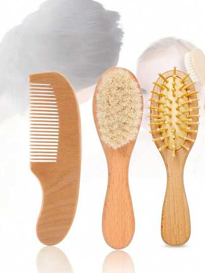 1/3pcs Baby Comb Handmade Knitted Wooden Brush Shower Brush Scalp Massage Bath Brush Suitable For Newborns And Children Multifunctional Cleaning Brush For Kids' Hair Care, Including A Soft Brush For Cutting Hair, A Fine-Toothed Wooden Comb For Smooth Hair, A Bang Comb(It Is Normal For Wool Combs To Become Misshapen When Squeezed; This Does Not Affect Their Use.)