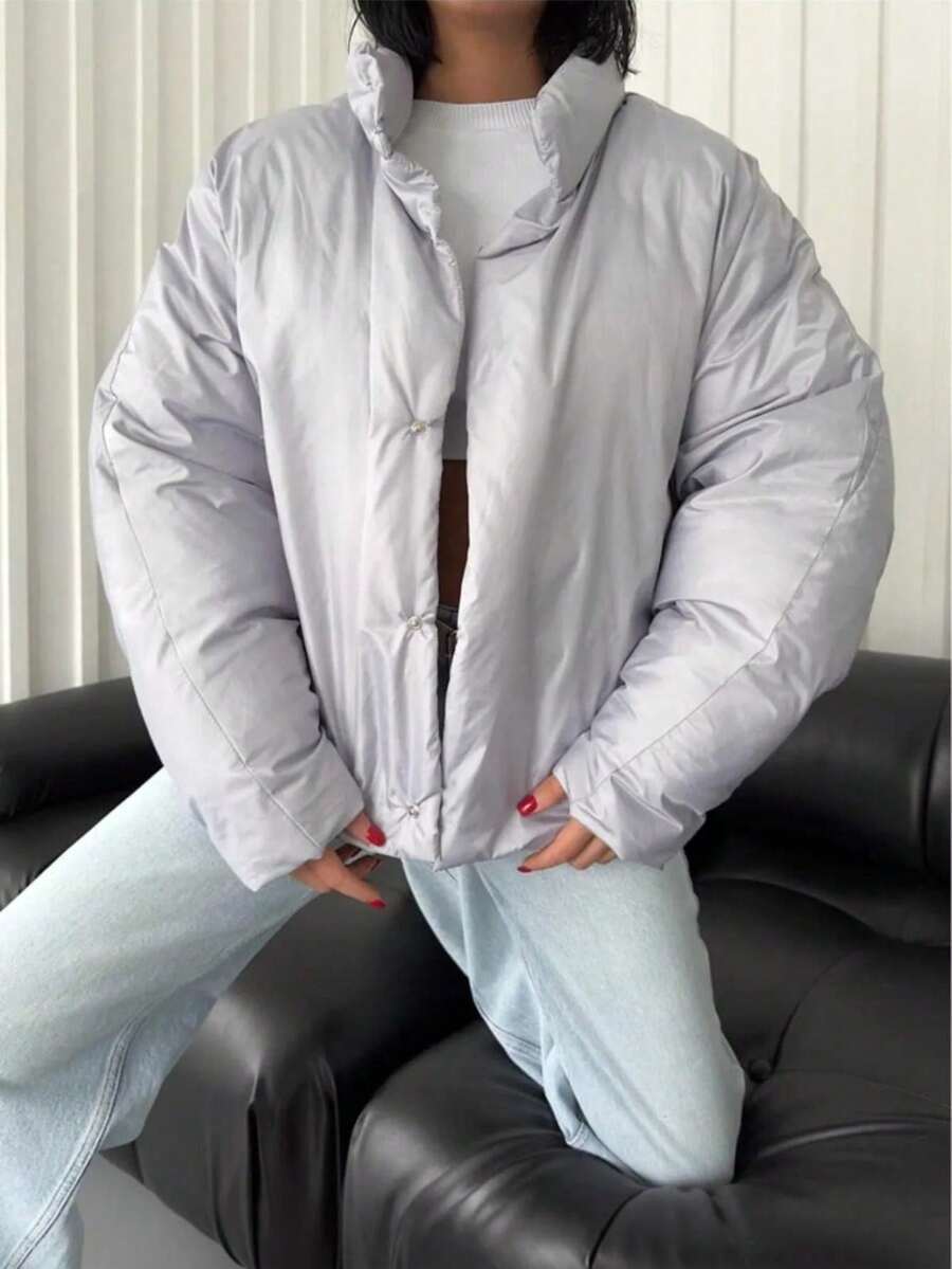 Solid Color Casual Ribbed Zip-Up Jacket, Warm And Comfortable For Everyday Wear And Parties - Grey - View 1