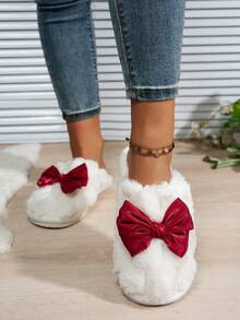 Women's Bowknot Slippers, Warm Plush Indoor Home Slippers For Autumn/Winter, Suitable For Students Dormitory