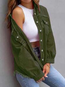 Shirt Collar Long Sleeve Button Front Distressed Frayed Edge Pockets Casual Jacket, Daily Wear - Army Green - View 4