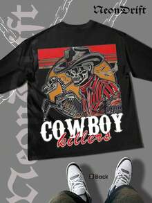 NeonDrift Double-Sided Printing Halloween, Christmas, Thanksgiving Gifts-Bold Cowboy-Inspired Graphic T-Shirt | Vibrant Artwork Design For  Outfits | Perfect For Festivals And Casual Wear | Unique Streetwear Style Tee - 黑色 - 查看 3