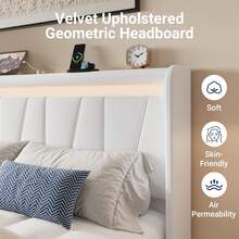 Allewie Full/Queen/King Size LED Bed Frame With Charging Station, Velvet Upholstered Platform Bed With Geometric Wingback Headboard, Modern Frame With No Box Spring Needed, Easy Assembly, White - View 3
