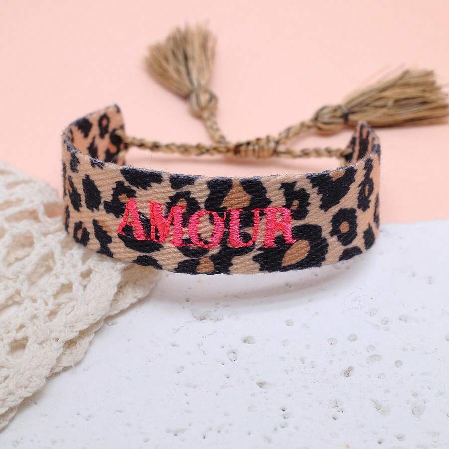 1pc Handmade Embroidered French "AMOUR" Creative Vintage Style Bracelet, Suitable For Couples, Holiday Gifts, Blessing Cord - Leopard - View 1