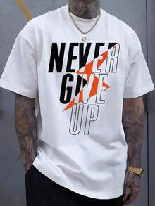 Men'S Casual "Never Give Up" Graphic T-Shirt - White With Bold Orange & Black Design, 100% Cotton, Comfortable Stretch Fit, Short Sleeve, Round Neck, - White - View 1