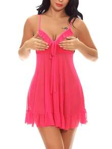 Women Lingerie Sexy Chemise Nightgown Open Cup Ruffle Hem Sheer Mesh Babydoll Full Slip Dress Sleepwear - 玫瑰紅 - 查看 1