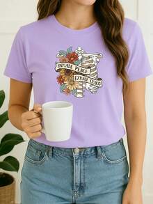 Women's Babylook T-Shirt Old School Skeleton Rib Flowers Phrase Swag Streetwear Minimalist Printed 100% Cotton Various Colors Cute Tumblr Blogger - 紫色 - 查看 2