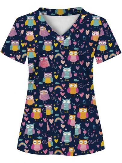 White Base Allover Print Scrub Top With 2 Pockets, Women's Uniform Clothing, Nurse Workwear, Dental Clinic Uniform, Healthcare Scrub Shirt, Short Sleeve Nursing Scrubs, Knit Fabric With Pockets, All Season