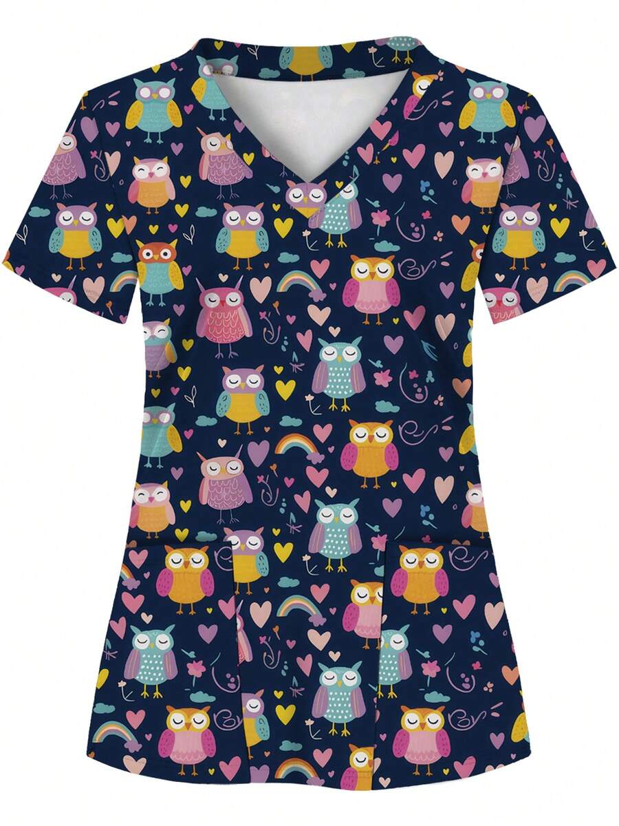 All-Over Print, Two Pockets, Nurse Uniform, Women's Clothing Professional Wear, Nursing, Dental, Beauty Salon, Healthcare Uniform, Women's Doctor Scrub Top, Short Sleeve Knit Fabric All Seasons - Multicolor - View 1