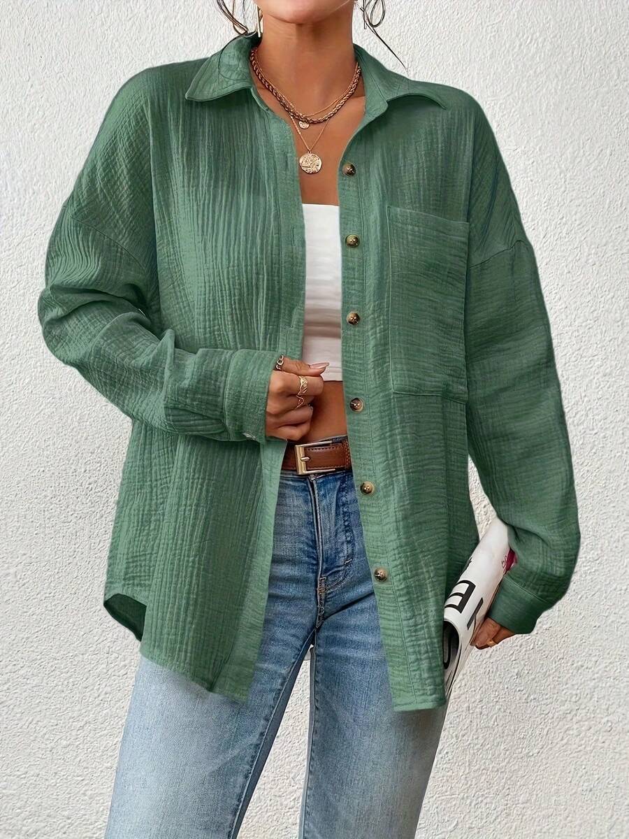 Women'S Casual Long Sleeve Button-Up Shirt - Brown Textured Fabric, Open Front, Loose Fit, Summer Style, Perfect For Casual Attire, Casual Summer Wear | Buttonup Shirt | Textured Fabric - 綠色 - 查看 1