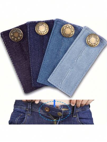 4pcs Denim Waist Extender, Waist Extender For Jeans, Unisex Waist Belt Extender, Denim Fabric Material, High-Quality Metal Buttons, Pants Expansion Buttons, Denim Waist Expansion, Hanging Hook, Elastic Waist Adjustment Buttons, Waist Extender Buckle, DIY Sewing Supplies