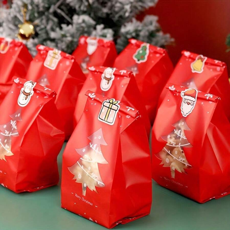 10pcs/25pcs/50pcs Reusable Christmas Plastic Gift Bags - Mixed Colors With Snowflake & Christmas Tree Patterns, Holiday Party Decorations, Christmas Gift Wrapping Supplies, Festive Themed Design, Christmas Decor, Christmas Gifts Packaging, New Year Decorations (Stickers Not Included) - Multicolor - View 1