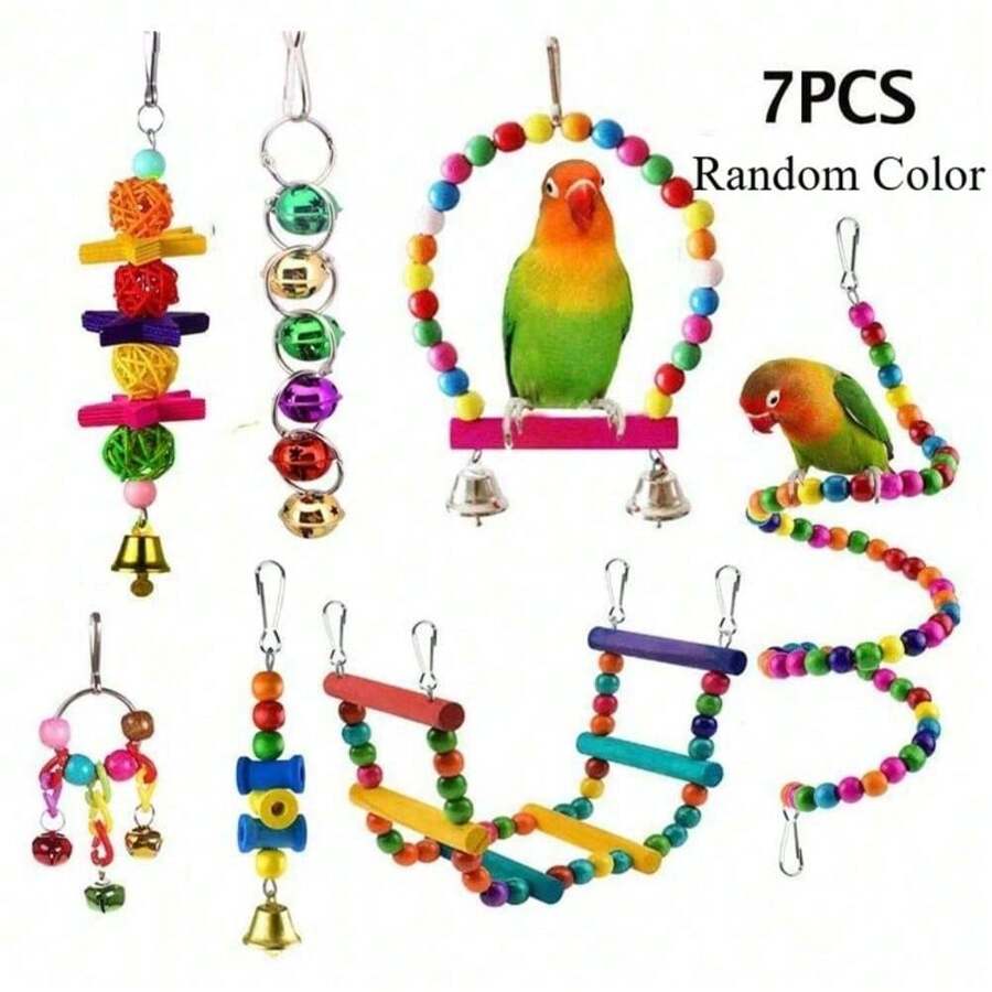 Parrot Toy Combo Set - Swing, Chew Training Toys, Includes Hammock, Bell, Perch, Ladder, Bird Cage Accessories (Random Color) - Multicolor - View 1