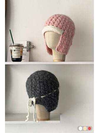 Gorro de orejeras de punto vintage de colores mixtos, cálido, versátil, se ajusta bien al rostro, adecuado para otoño/invierno, artístico, gorro de orejeras, grueso, dulce, lindo, cálido, versátil, se ajusta bien al rostro, gorro de orejeras de borde enrollado de mohair de moda, cálido, a prueba de viento, gorro de aviador para mujeres en invierno